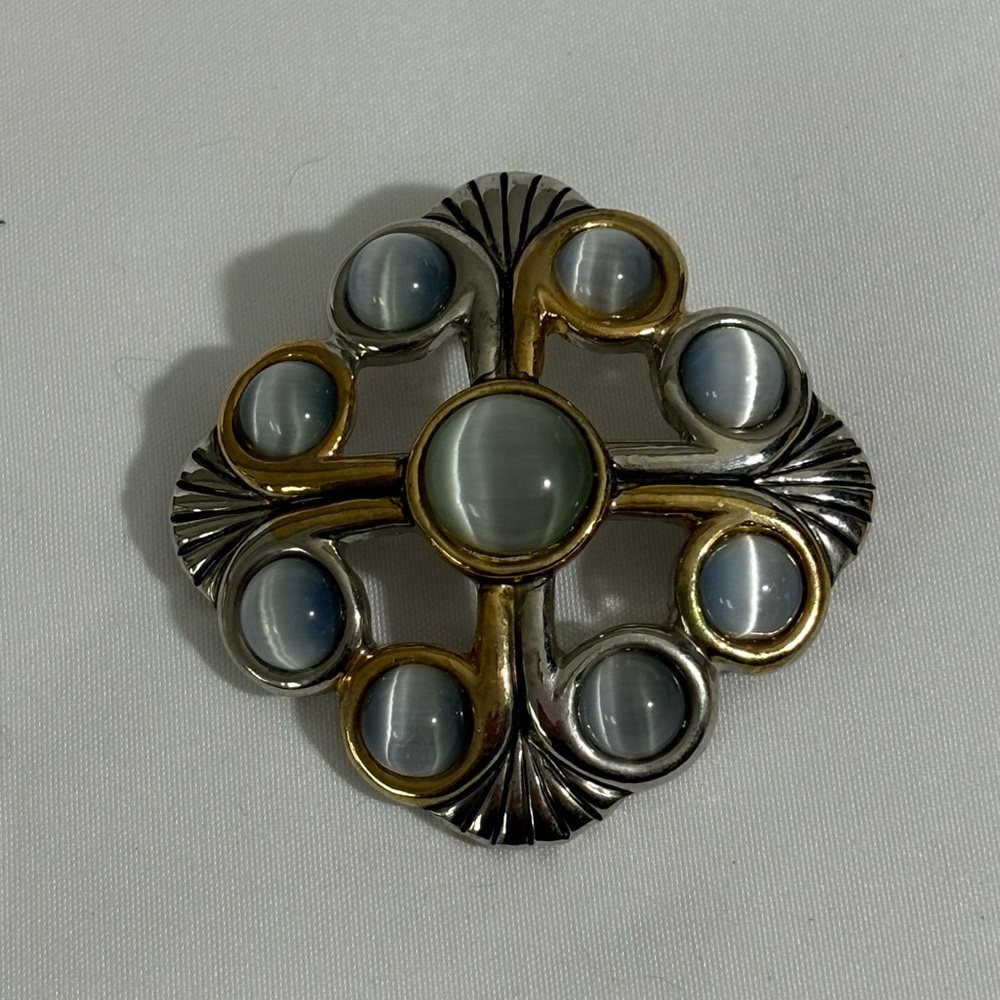 MX Signature Moonstone Brooch | Pin  EUC Gold|Silver & Shell Accents- STUNNING